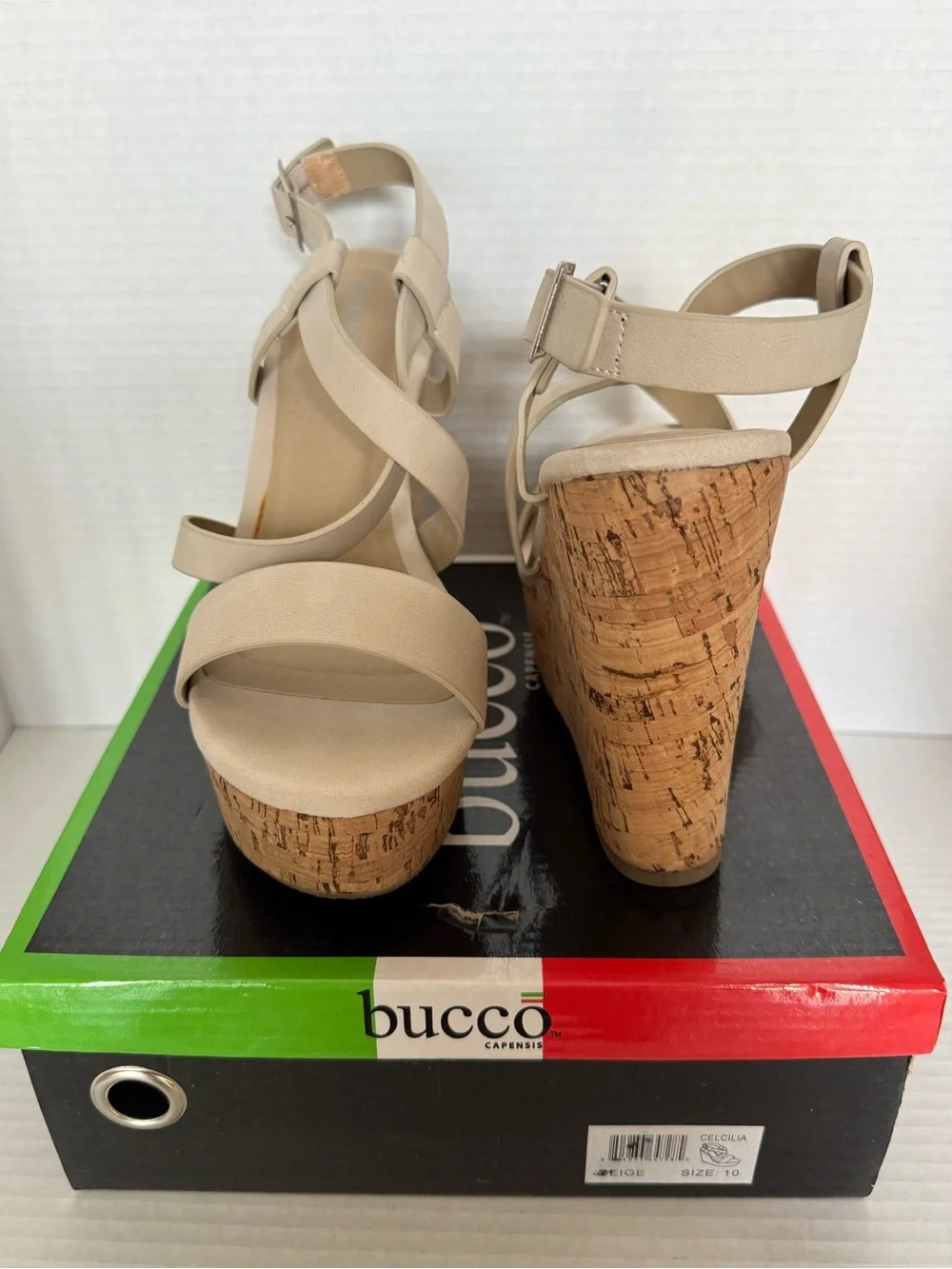 bucco Beige Strappy Cork Wedge Sandals